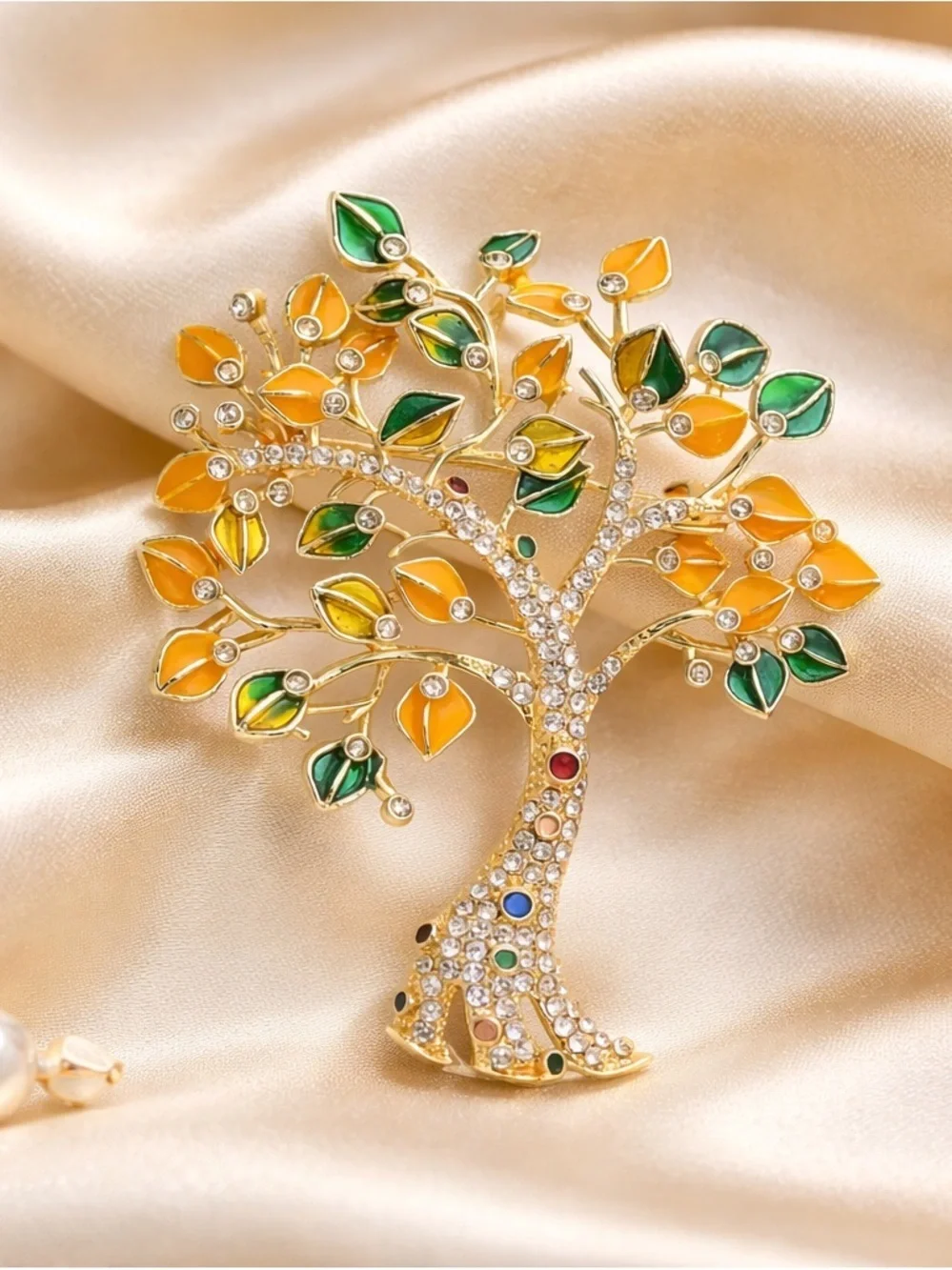 Family Tree Gold Crystal Colorful Leaf Pin Brooch